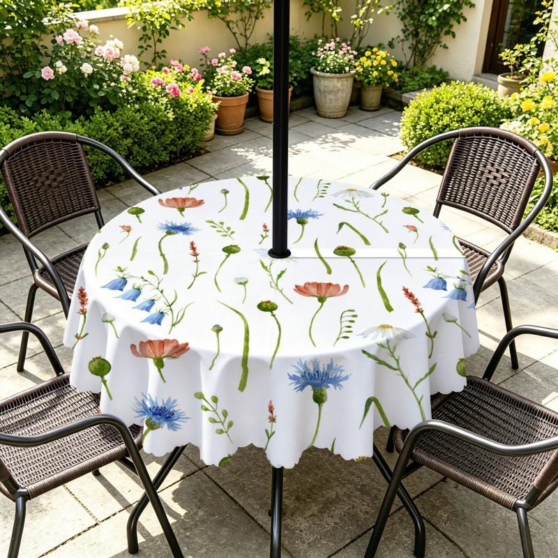 Outdoor Round Tablecloth With Umbrella Hole Waterproof Oil Resistant Floral Leaf Patio Garden Deck