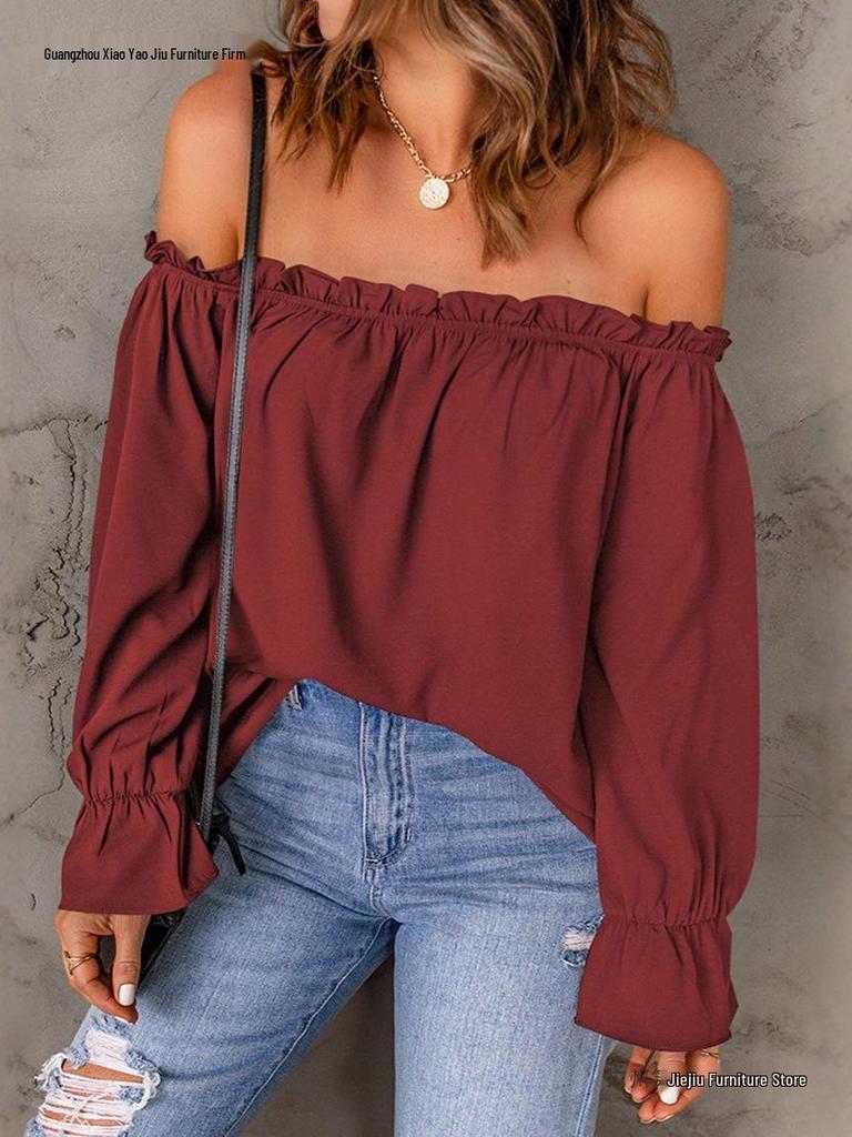Women's Off-the-Shoulder Chiffon Blouse - European and American Style, Solid Color Pullover for Spring and Autumn, Sexy & Elegant.