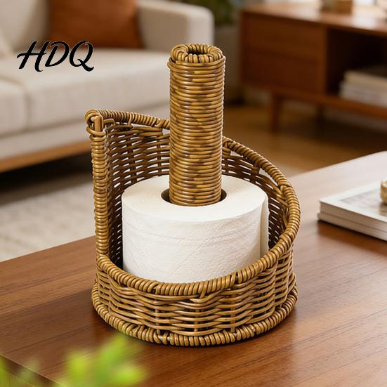Brown Plastic Paper Stand Imitation Rattan Toilet Holder, Round Woven Towel Dispenser, Upright Roll Dispenser Boho Tissue Organizer for Bathroom