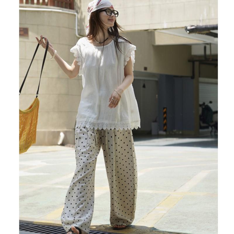 Johnature Summer Japanese Retro Polka Dot Wide-leg Casual Women Pants Casual Comfortable Loose High-waisted Trousers