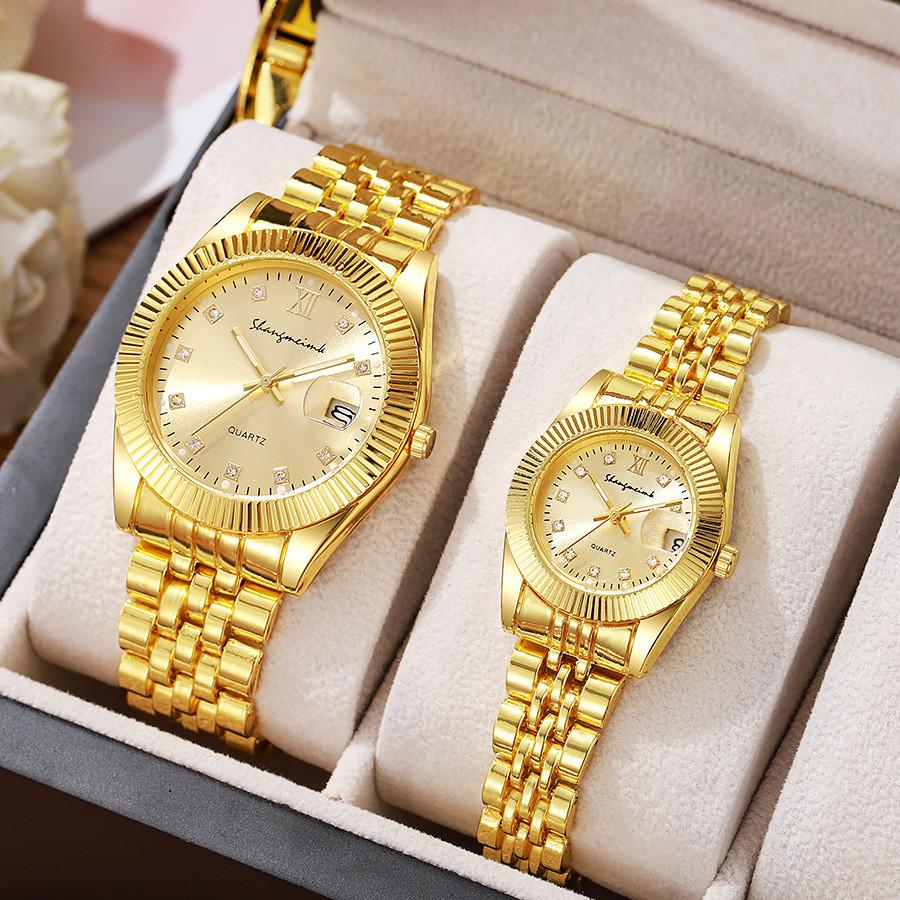 Couples Gold Business Quartz Watch With Night Light Calendar For Romantic Gift Set