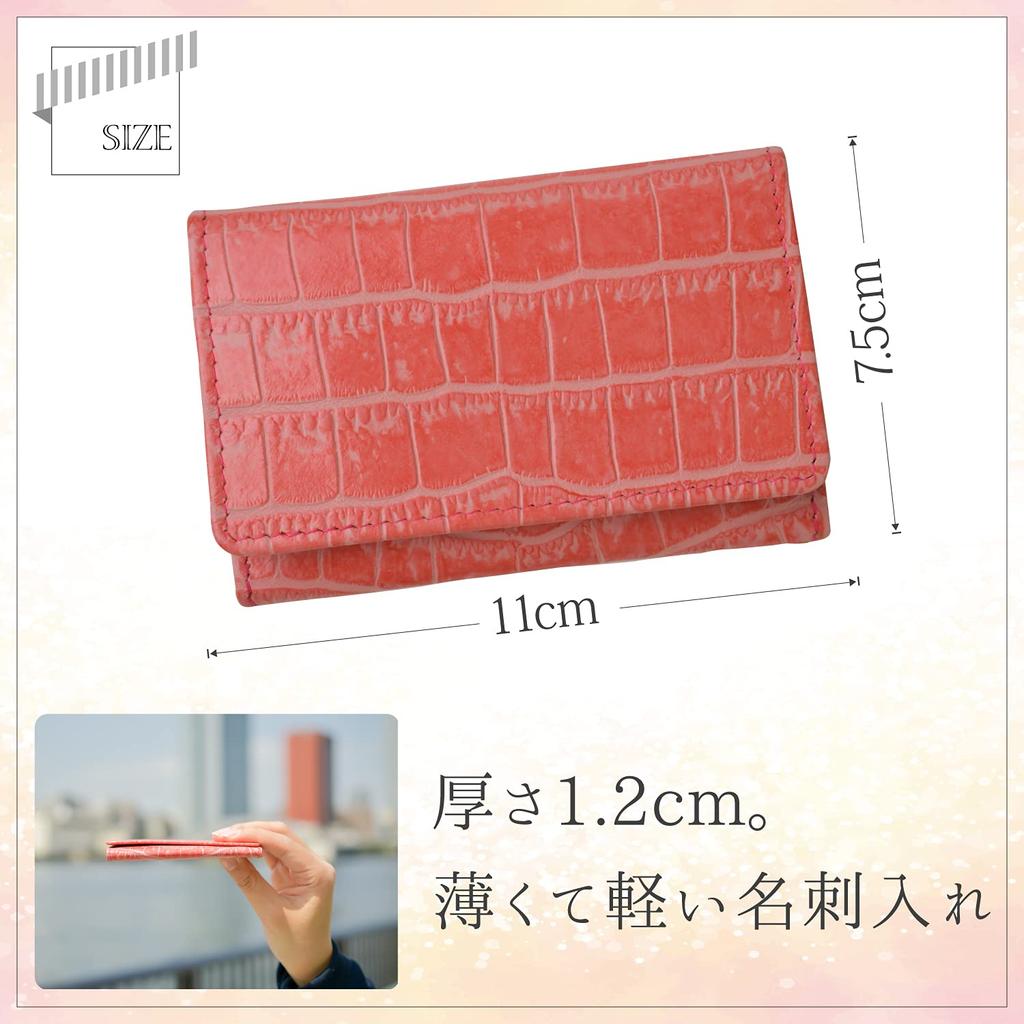 Factory Zenzakura Women's Business Card Holder, Genuine Leather, Simple, Slim, Lightweight, Crocodile-Embossed Leather, Pink