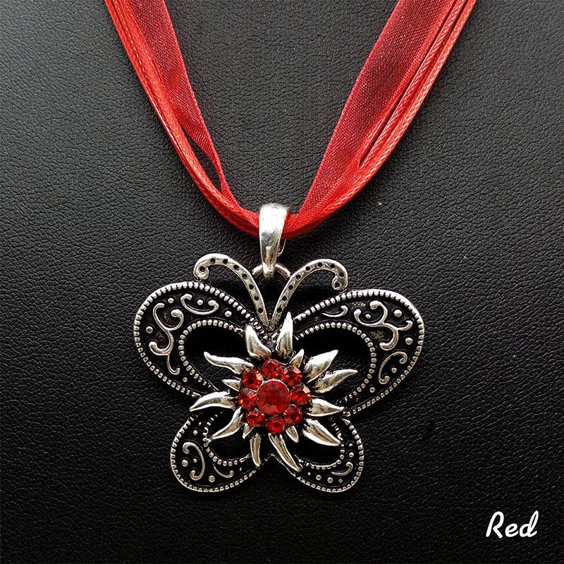 

New Vintage Butterfly Necklace Jewelry Fashion Popular Retro Bohemia Style Ribbon Rope Chain Crystal Flowers Pendant Necklace красный
