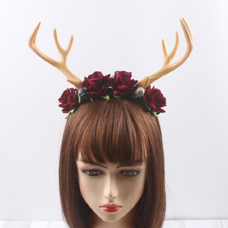 Gothic Flower Skull Headdress Deer Horn Headband Halloween Party Accessories
