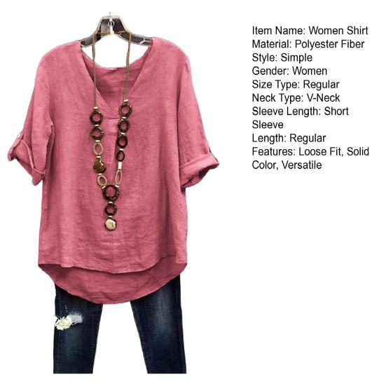 Women Shirt V-Neck Short Sleeve Loose Fit Tee Shirt Pure Color Summer Casual Blouse