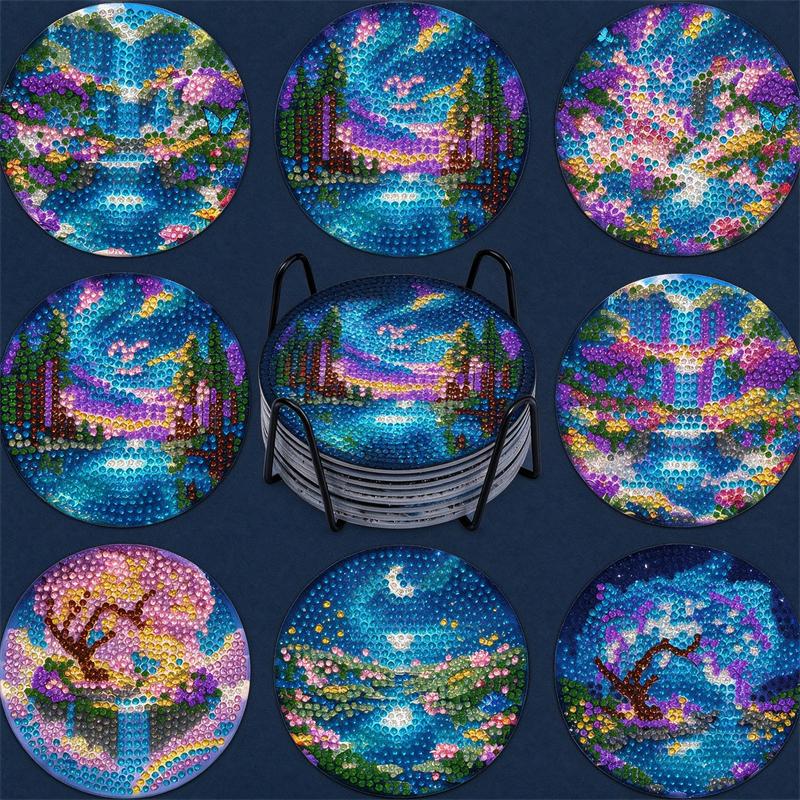 8 Piece Set of Diamond Painted Scenery with Holder DIY Diamond Craft Kit Creative Art Supplies Perfect Gifts for Beginners and Crafters