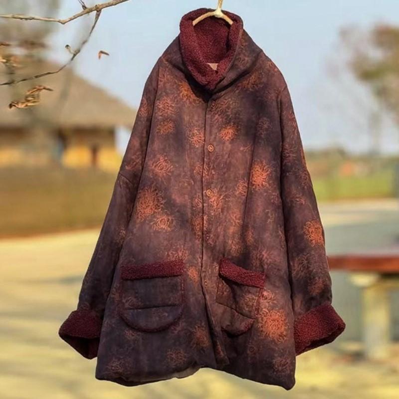 Johnature Women Vintage Print Floral Button Winter Coats Pockets Warm Chinese Style Coats