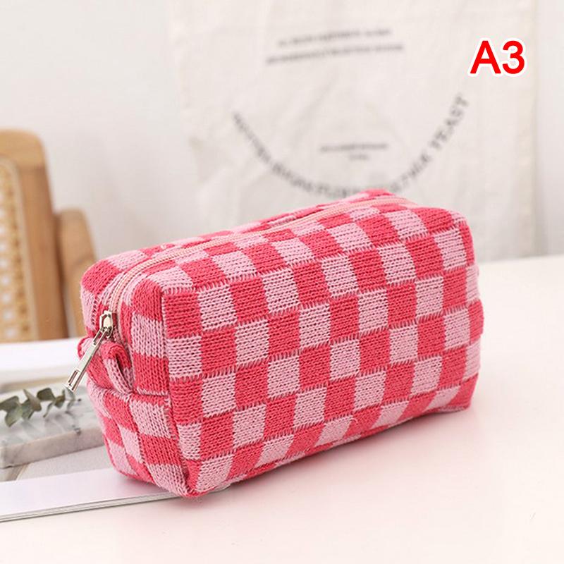 Ins Checkerboard Knitted Pencil Case Big Capacity Pen Bag Zipper Stationary