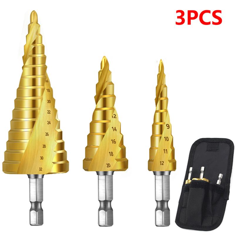 3pcs HSS Titanium-Coated Spiral Groove Step Drill Bit 4-12 4-20 4-32 Power Tool Step Drill Bits Set Metal Multi-Hole Taper Drill
