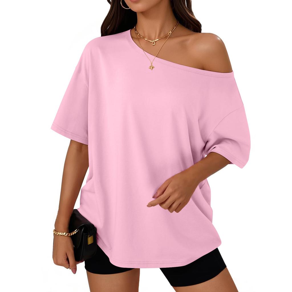 Women's Fashion Off-Shoulder T-Shirt Solid Color Loose-Fit Short Sleeve Top