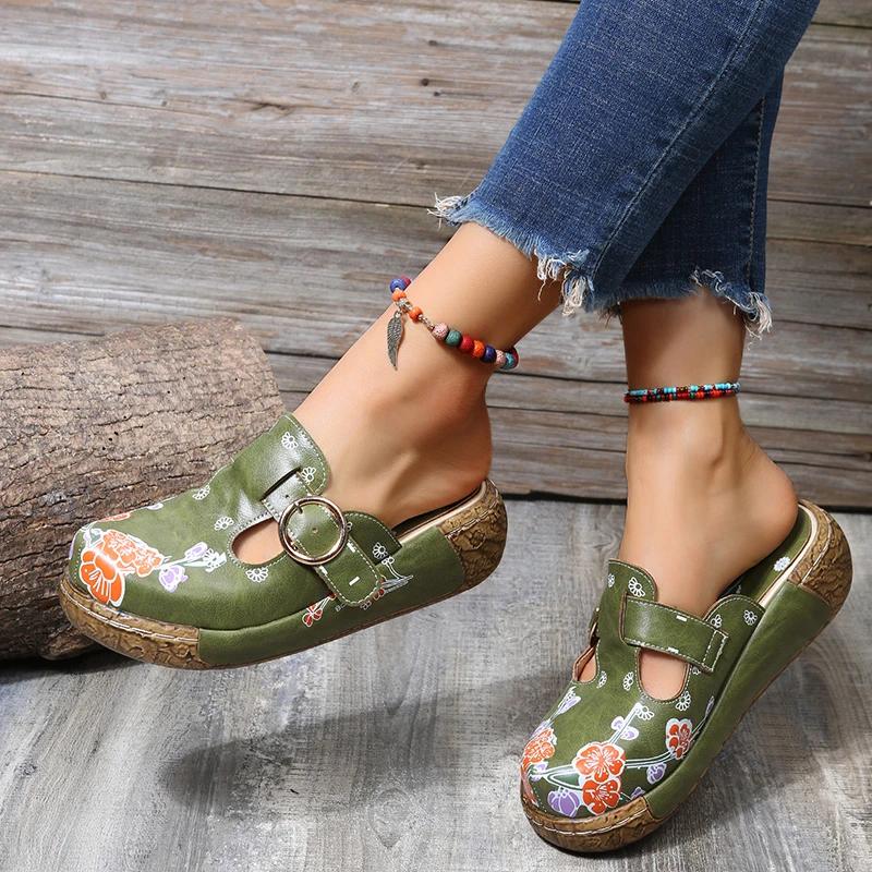 Women Print Flower Slippers Summer Fashion Flat Bottom Sandals Women Candy Color Flower Ethnic Style Slippers