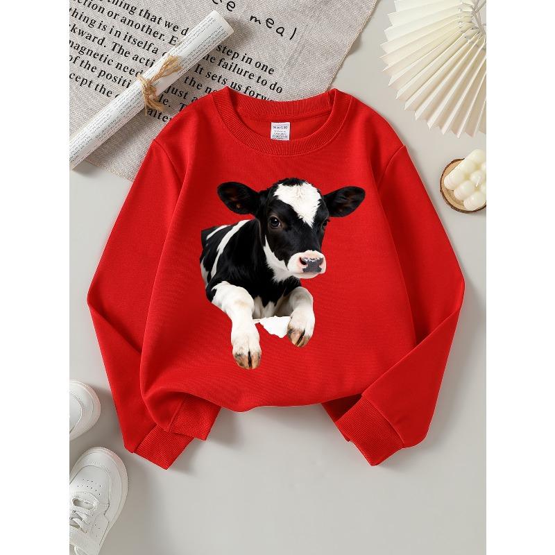 European sizes Kids' Crewneck Sweatshirt Black And White Cow Pattern Print , Sportswear And Casual Wear, Soft And Comfortable, Children's Clothing