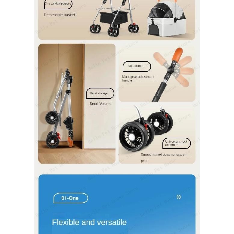 High-view Lightweight Pet Stroller Foldable Pet Dog Stroller Multi-directional Breathable Pet Stroller Detachable Basket