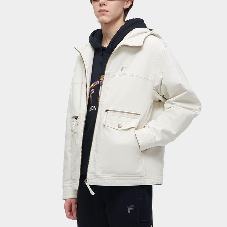 Fila Fusion Solid Color Zipper Hooded Vintage Work Cotton Jacket Men Jackets Gray Beige T11M413904F-BG