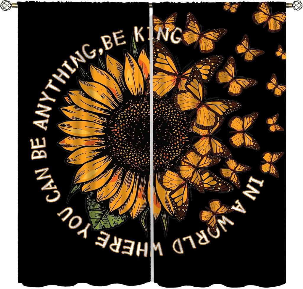Sunflower Curtains for Kitchen,Black Pithy Rustic Sunshine Beautiful Wonderful Sunflower Plant Flower Butterfly Window Drapes