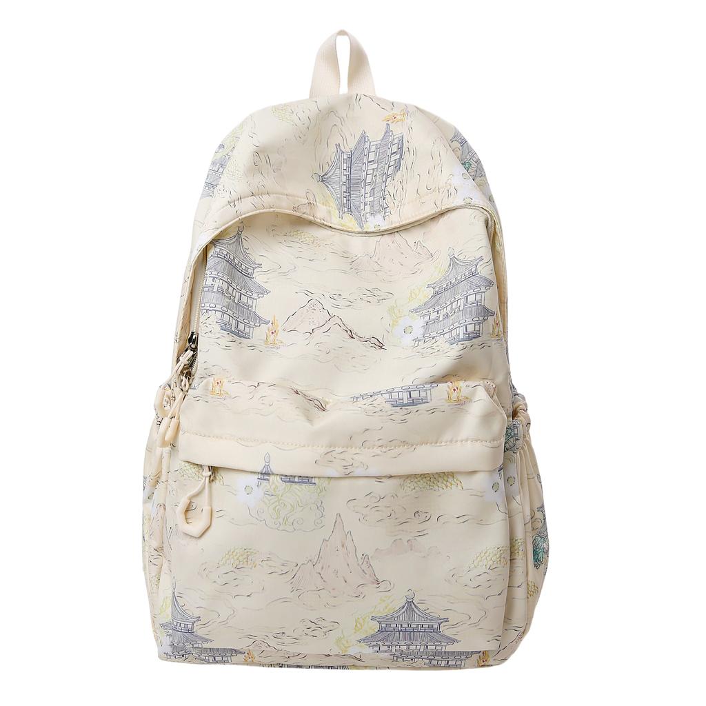 Zaino in Nylon Stampato Paesaggio Stile Cinese con Grande Capacità e Tasche Multiple Adatto per l'Uso Quotidiano e Studentesco Come Zaino Studentesco