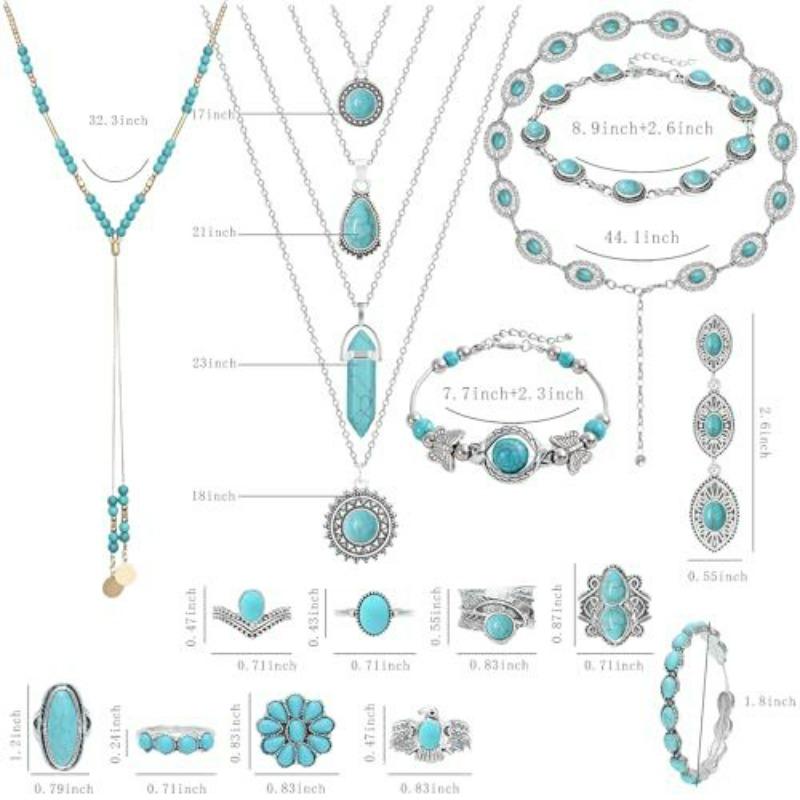 Bohemian Turquoise Multi-layer Women's Retro Versatile Alloy Pendant Necklace Stud Earring Set