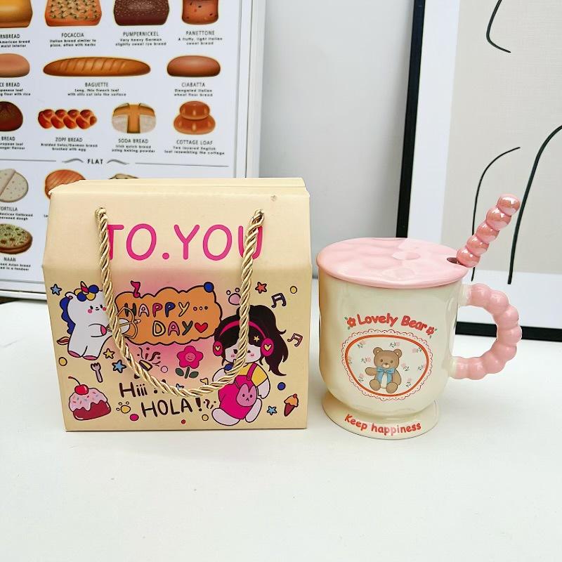 Cute High Value Cartoon Bear Mug with Lid Spoon Ceramic Water Cup for Girls Practical Birthday Gift for Friends