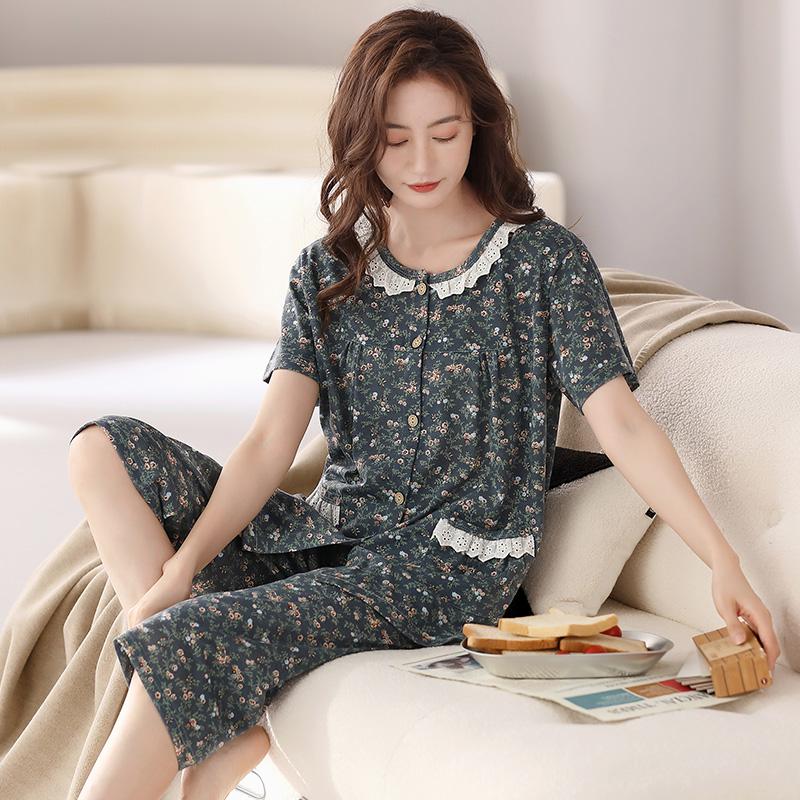 Summer Cotton Capris Pajamas Set Floral Print Pajama for Women Leisure Pyjamas Soft Lapel Pijamas