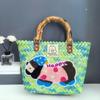 Casual PP Woven Handbags Stripe Woven Straw Bag Large Capacity Bamboo Handle Weaving Basket Female