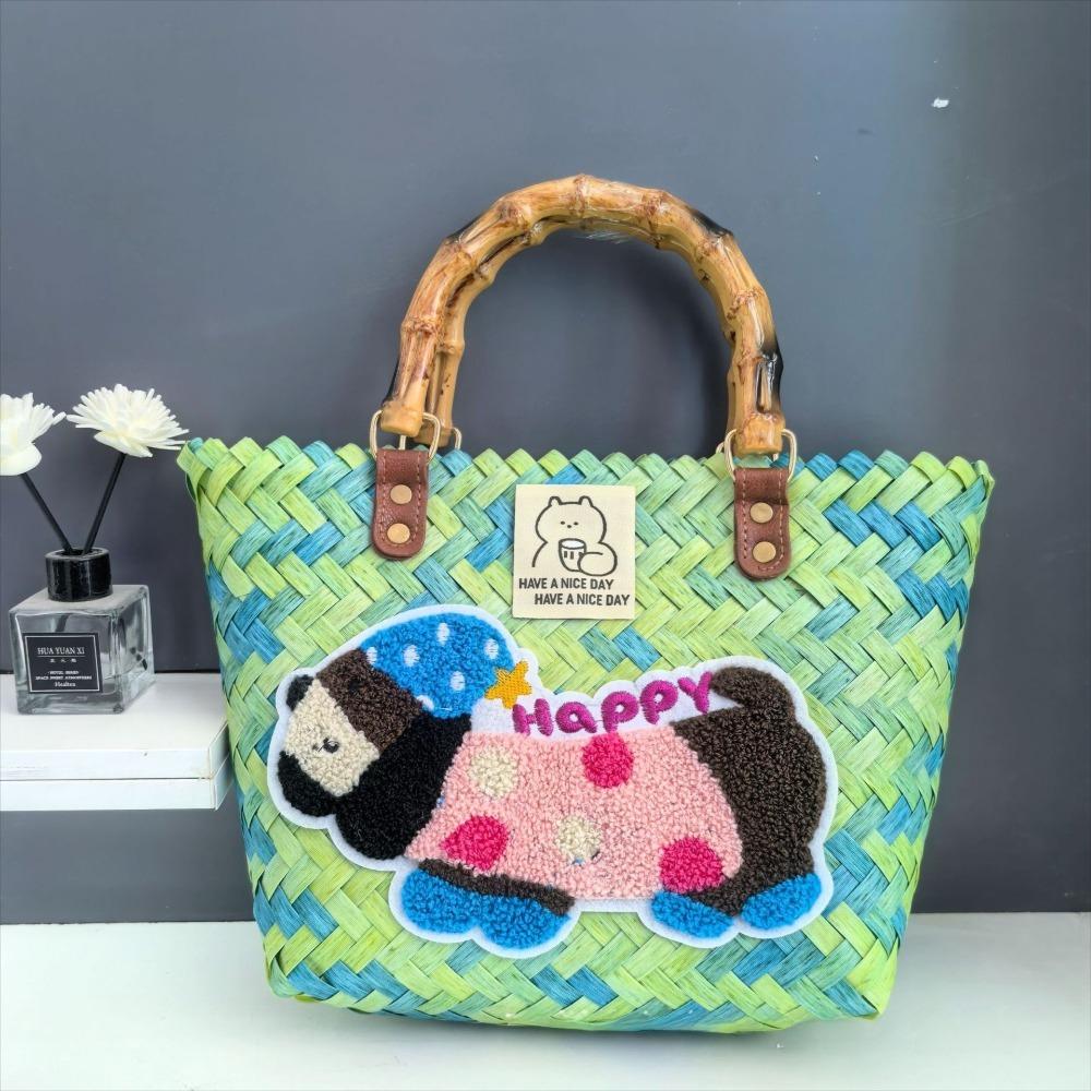 Casual PP Woven Handbags Stripe Woven Straw Bag Large Capacity Bamboo Handle Weaving Basket Female