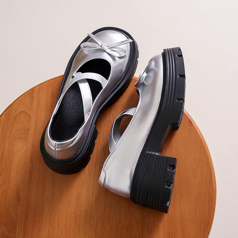 Silver High Heels Platform Pumps Women 2024 Autumn Bowtie Crossed Straps Mary Jane Shoes Woman Pu Leather Thick Heeled Jk Shoes