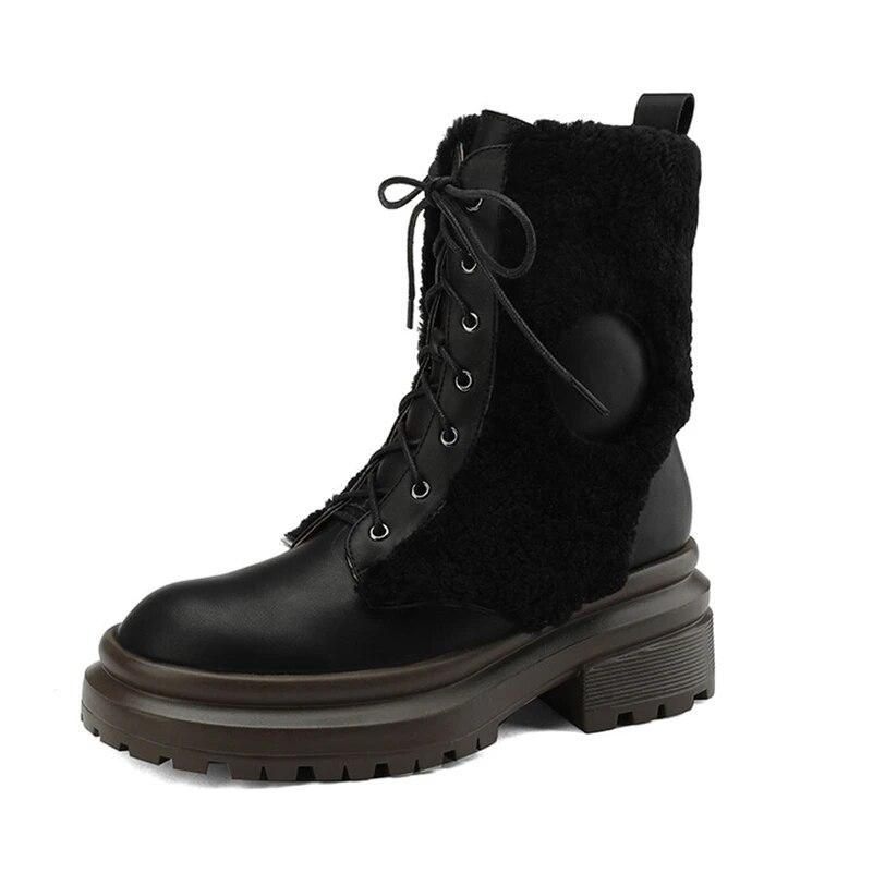 

Meotina/женские ботильоны из натуральной кожи, армейские ботинки с круглым носком, толстым высоким каблуком, шерстяной платформой и шнуровкой, женская зимняя обувь 34 чёрный