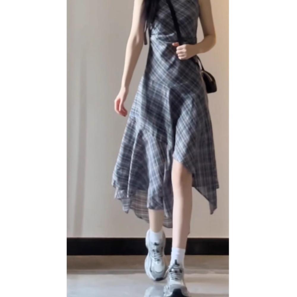 Plaid Sleeveless Vest Dress Women's Summer New Versatile Women's Irregular Temperament Long Skirt