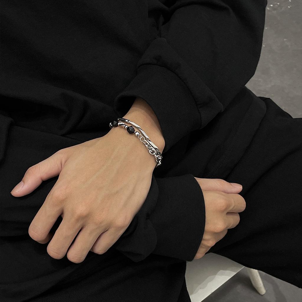 Obsidian Splicing Beaded Bracelet for Men Stainless Steel Unisex Versatile Hand Chain Cold Tone Personality Hip Hop Vintage Gift