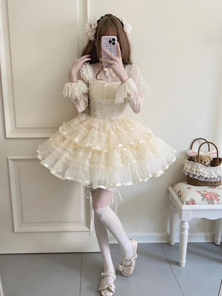XHSUKADO Lolita JSK Jumper Skirt with Dreamy Cute Gothic Lolita Outfit with Ruffles and Mori Idol Apricot Size M Ribbon, Women's One-Piece Dress,