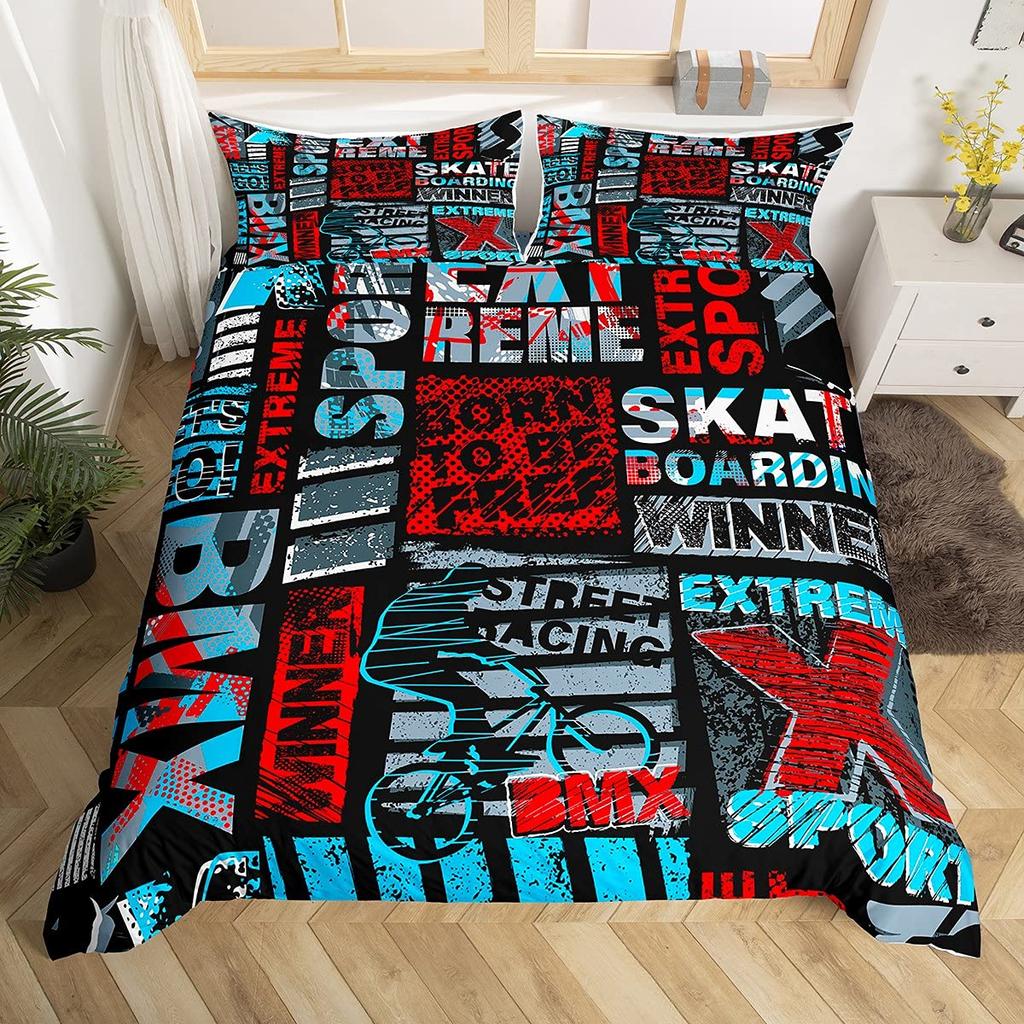 Bicycle Duvet Cover Set Motocross Racer Bedding Set King Size Mountain Bike Comforter Cover Extreme Speed Sports Bedspread Cover
