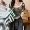 Summer New All-match Striped Square Collar Slim-fit Sweater Short-sleeved Women's Top Fashion Casual T-shirt