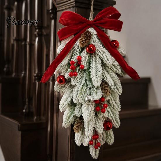 Staircase Handrail Christmas Garland Flocked Teardrop Swag for Front Door, Artificial Pine with Red Decorative Hanging Wreath Wall Berries Velvet Bow,