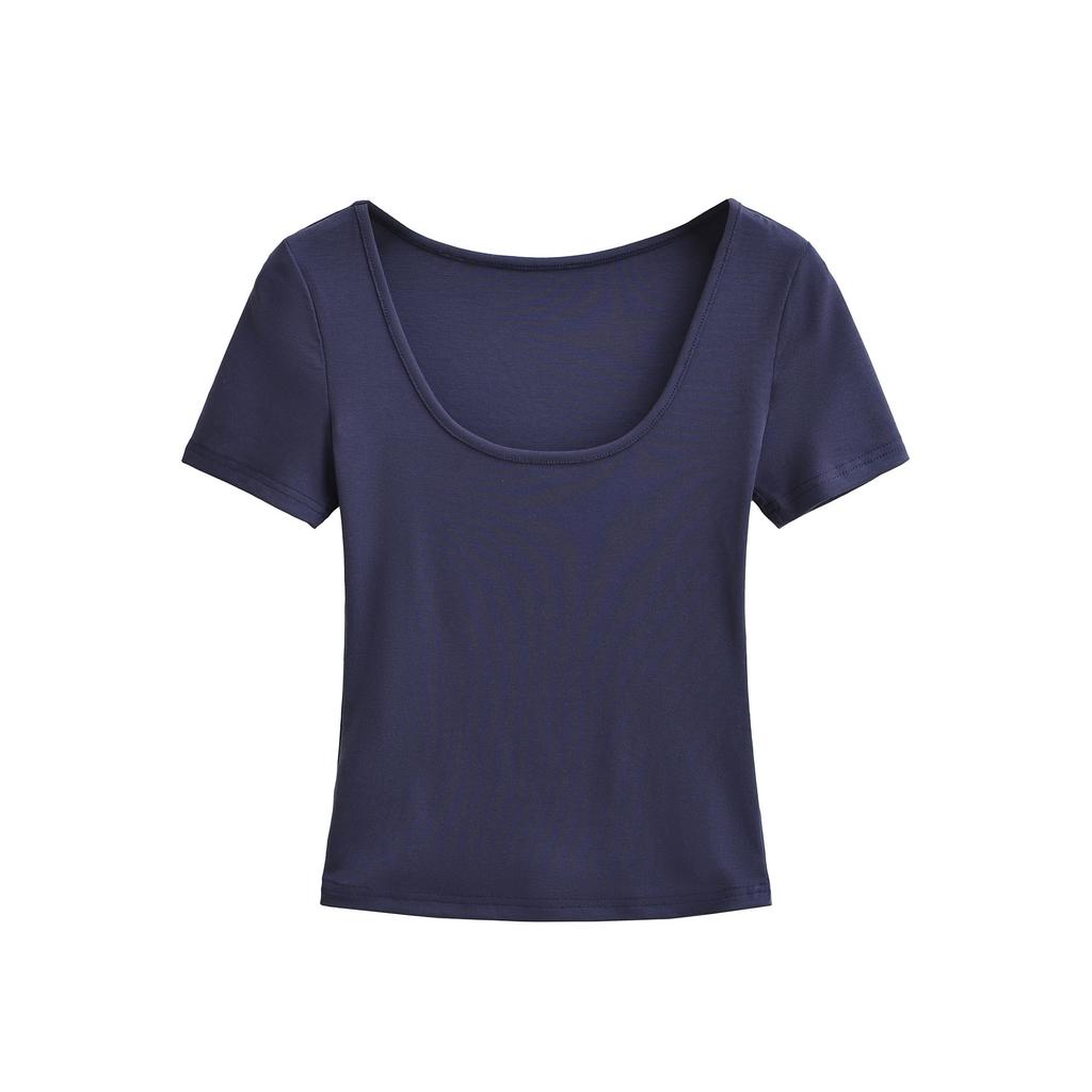 U-neck Short-sleeved T-shirt Women's Summer New American Spice Girl Style Solid Color Slim-fitting and Thin Bottoming Top