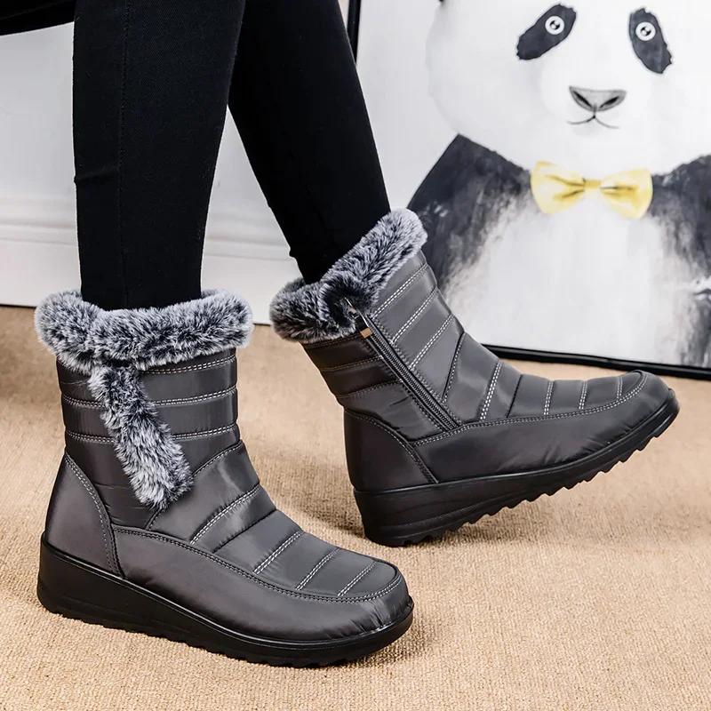 Thick Plush Waterproof Winter Boots for Women Non Slip Faux Fur Mid Calf Snow Boots Woman Outdoor Thick Sole Cotton Padded Shoes