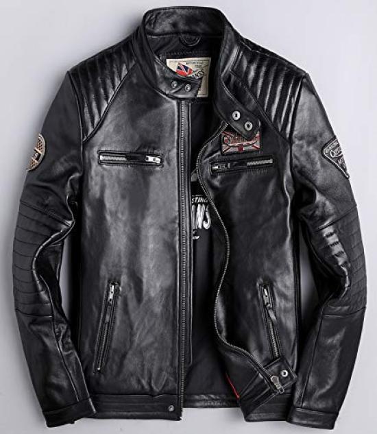 Fiffyle Genuine Leather Cowhide Single or Embroidered Military Short Cold and for and Winter Size Men's Jacket, Coat, Double-Breasted, Jacket, Length,