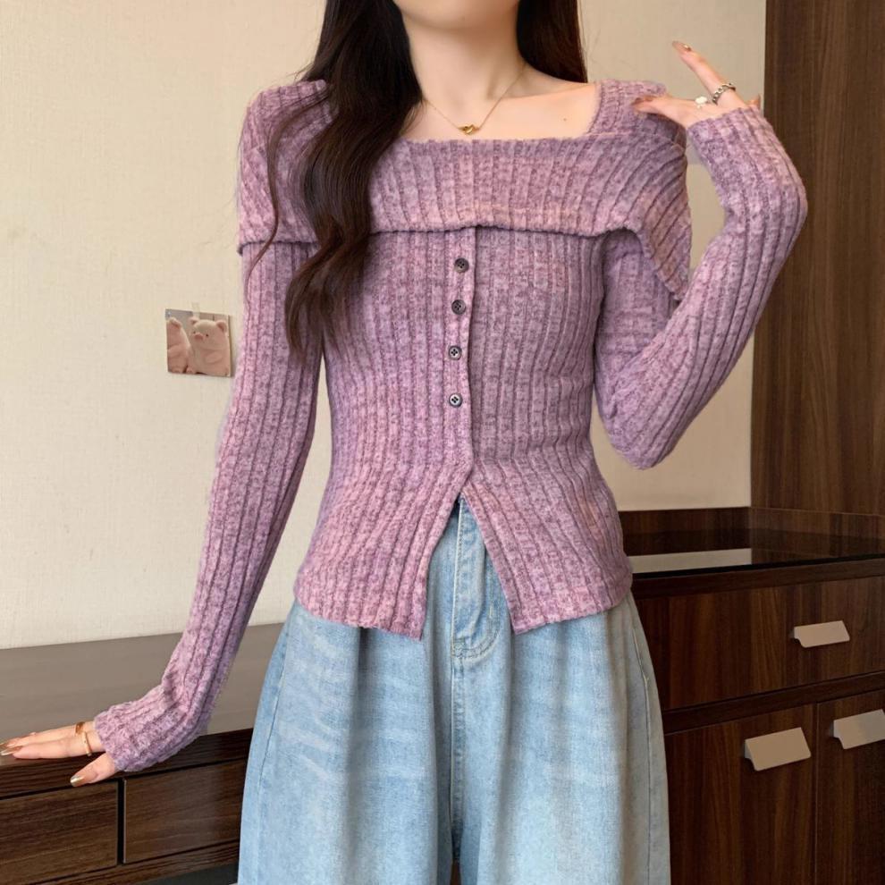 

Весенняя женская однобортная блузка с квадратным вырезом и длинным рукавом XL фиолетовый