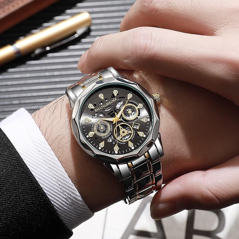 Brand trend fashion waterproof luminous business automatic quartz relief hollow men's watch