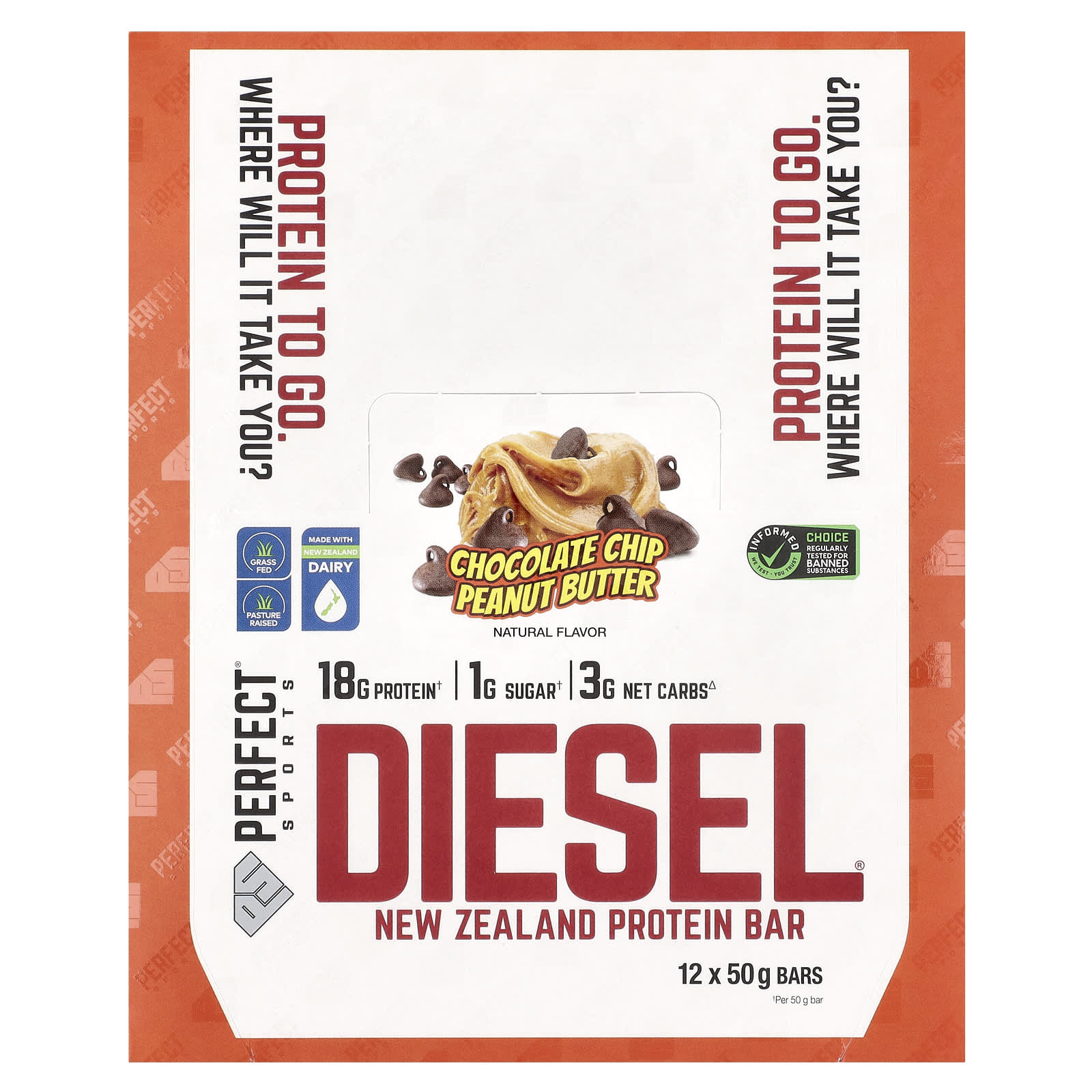 

PERFECT Sports, Diesel, New Zealand Protein Bar, Chocolate Chip Peanut Butter, 12 Bars, 50g Each