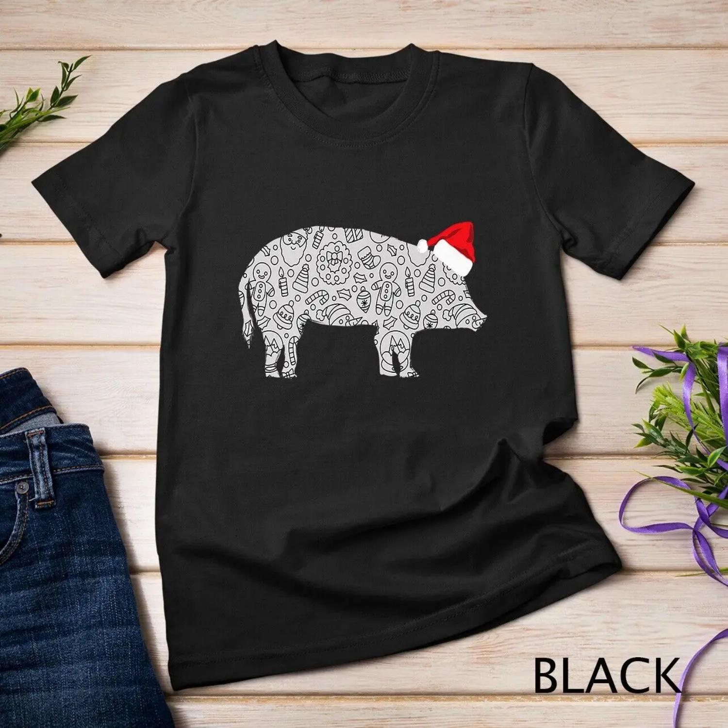 Santa Hat Pig Christmas T Shirt Zoo Animal Lover Premium S чёрный