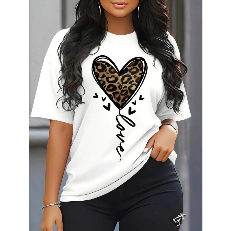 Women'sShort Sleeved T-shirt with Leopard Print Heart PatternT-shirt Casual and Fashionable Top InBlack and White for Daily Wear