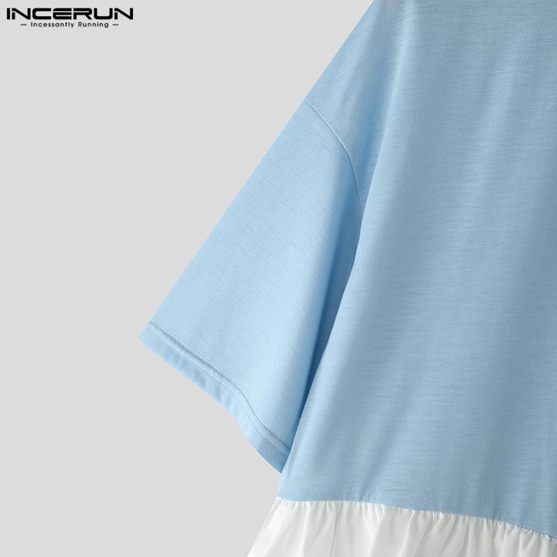 INCERUN S-XXXXXL Men O Neck Short Sleeve Patchwork Ruffled Hem Loose T-shirts