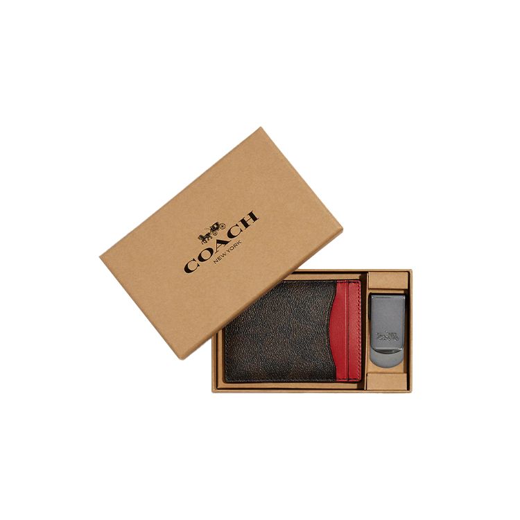 Coach Boxed 10 Classic Monogram Billfold Gift Set Canvas And Leather Card Holder Men Wallets Brown Red C7017-QBTKA Basic Set (Bag+Dust Bag)