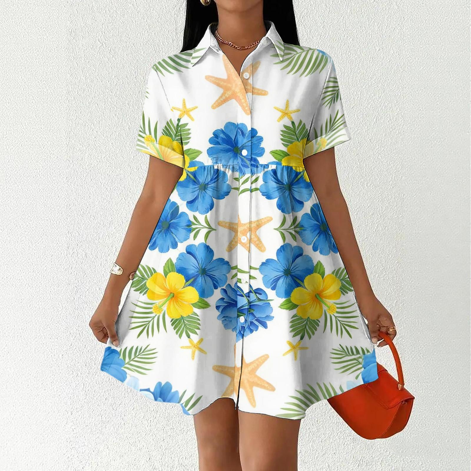 Women s Casual Loose Fit Dress Button Front Shirt Dress with Stand Collar Hawaiian Floral Print Summer Dress L синий