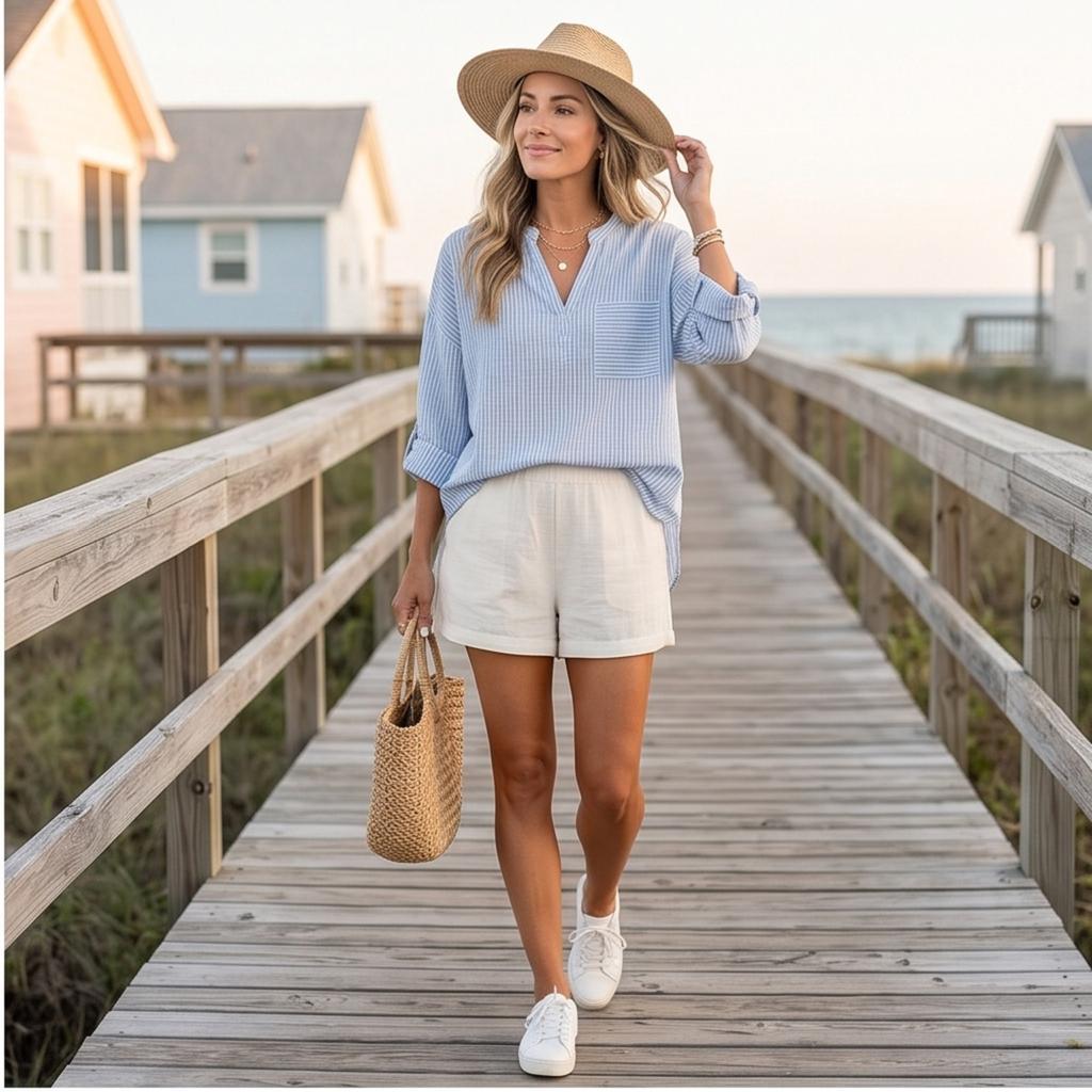Women's Striped V-Neck Casual Loose Fit Blouse with Pockets for Everyday Wear