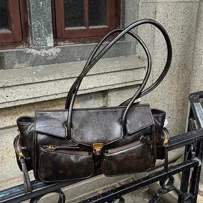 Vintage Underarm Bag For Girl Versatile Handbag Multi-pocket Motorcycle Bag Luxury Designer Handbag Spaghetti Strap Leather Bag KTY