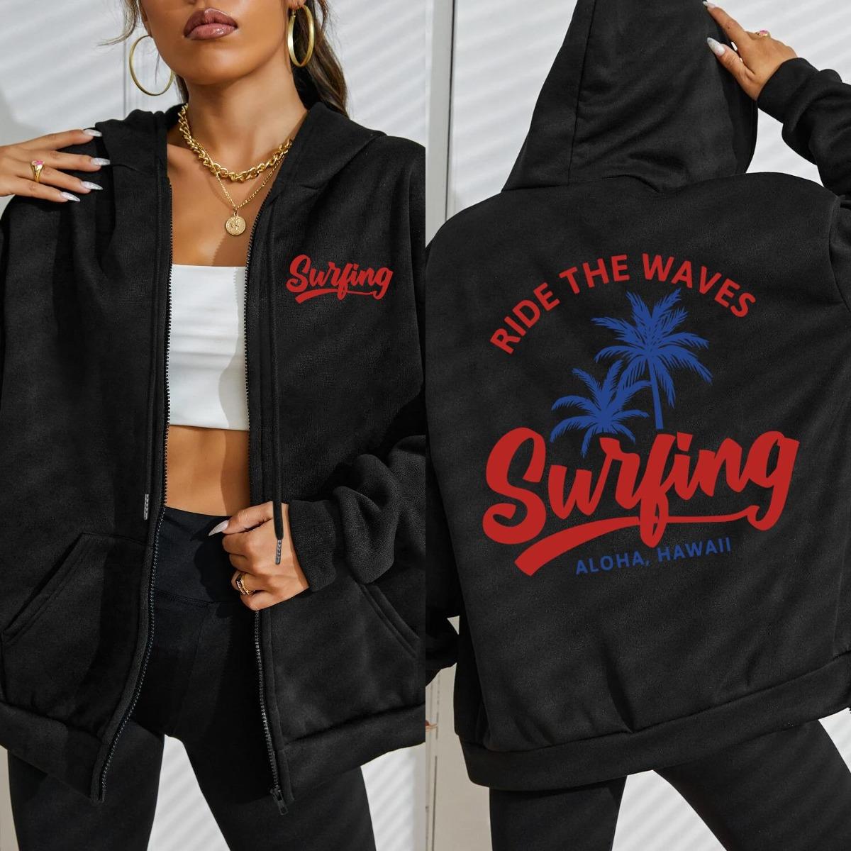 

Ride The Waves Surfing Aloha Hawaii Coconut Tree Print Women Zipper Hoodie Y2K Loose Hoody Sportswear Autumn Fleece Top 3XL