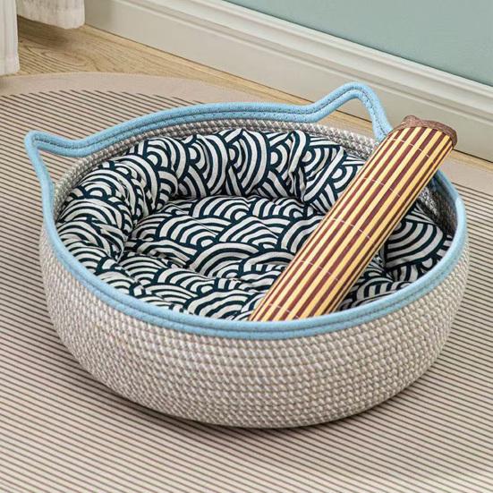 Cat Basket Bed with Cushion Cotton Rope Handwoven Pet Bed Breathable Cat Ear Pet Bed for Indoor Cats