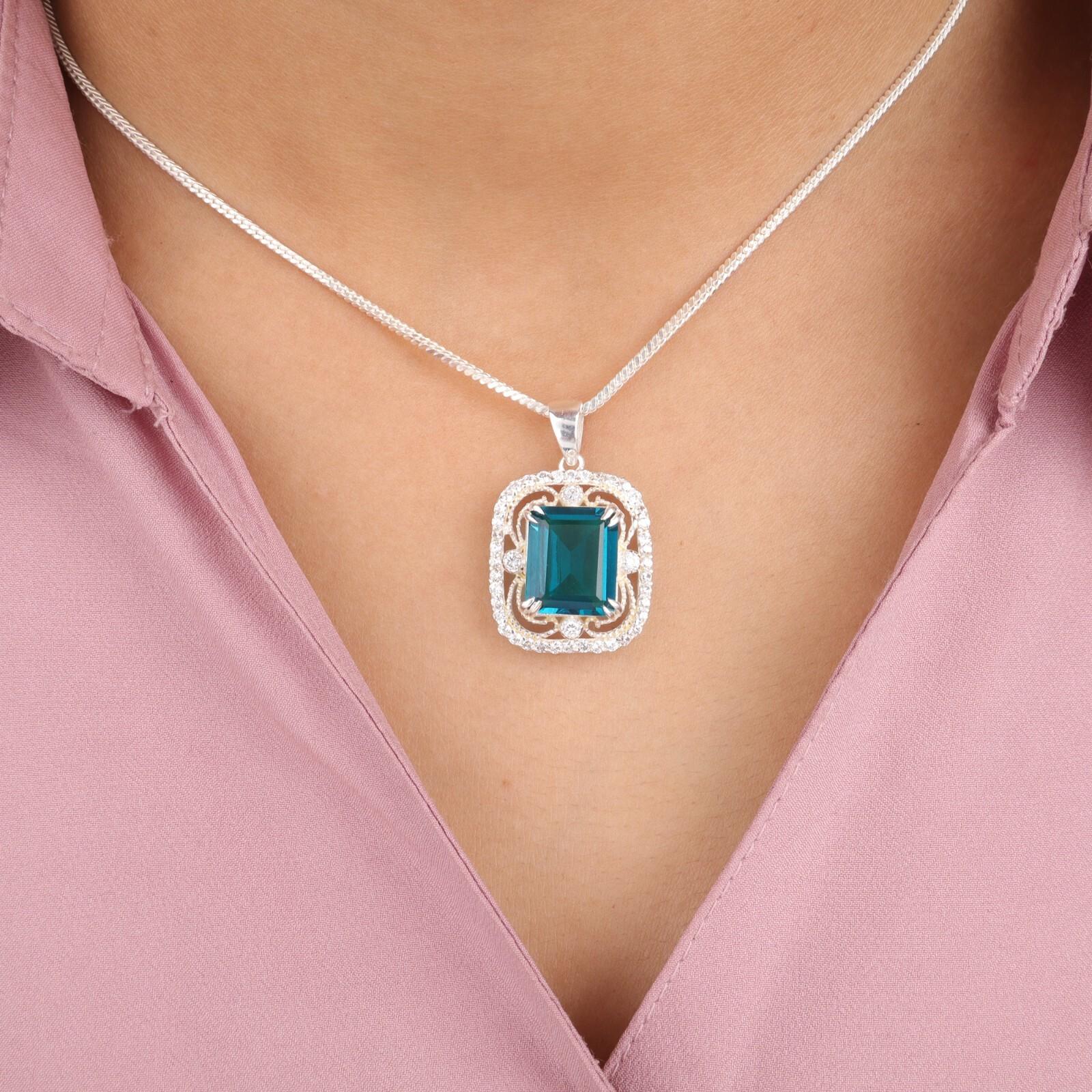 

Драгоценный камень голубой апатит Ювелирные изделия из стерлингового серебра 925 пробы Подвеска с цирконом для женщин Подарок CZP-11-6