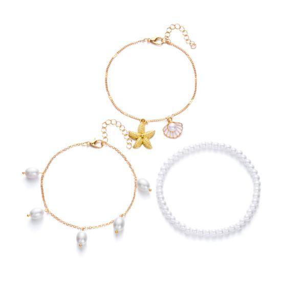 Bohemian Seashell Starfish Anklet Beach Vacation Foot Jewelry with Faux Pearl & Beaded Strands Layered Design Summer Gift for Women